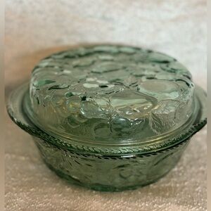 Vintage Libbey " Orchard Fruit" Green Glass Round Covered Casserole Crimped